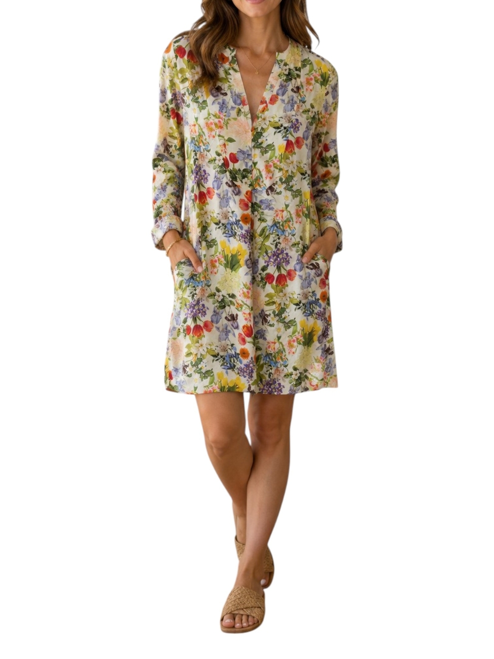 Zara Women Floral V-Neck Tunic Shirt Dress W/ Pockets